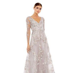 Mac Duggal Floral Embroidered Illusion Sleeve Gown, vintage lilac, size 4